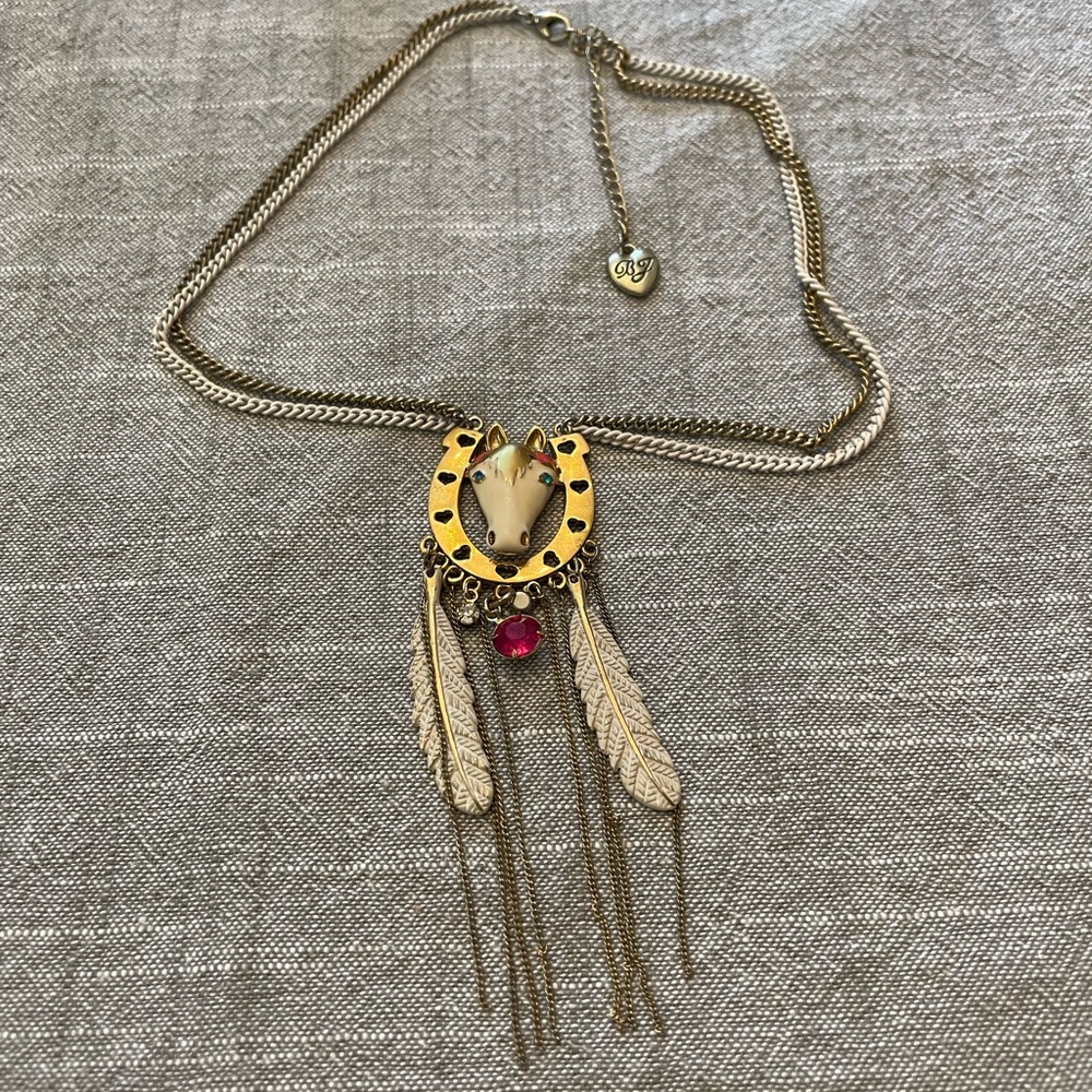 Betsey Johnson Gold and Silver Necklace with Intricate horse Pendant